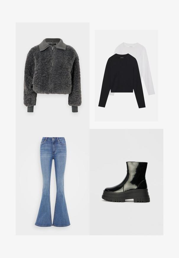Mørk grå faux shearling zip-up jakke med ribbestrikket krage og mansjetter, med frontglidelås og en lett cropped passform.; To lange ermerte skjorter: en svart og en hvit. Begge har rund hals, raglanermer og er laget av en myk bomullsblanding.; Lys blå denim flared jeans med høy livlinje, med frontlommer og en ren kant nederst på benet.; Svart, blank ankelstøvel med tykk såle og rund tå, sett fra siden på en enkel, lys grå bakgrunn.