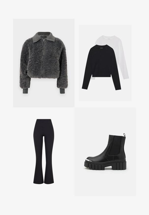 Tamsiai pilkas dirbtinio kailio zip-up džemperis su nertos apykaklės ir rankogalių detalėmis, su priekiniais užtrauktukais ir šiek tiek sutrumpintu kirpimu.; Du dušo ilgomis rankovėmis marškiniai: vieni juodi, kiti balti. Abu marškiniai turi apvalų iškirpimą, raglan tipo rankoves ir minkštą medvilnės mišinio audinį.; Juodos, aukštu liemeniu platėjančios kelnės, pagamintos iš tamprios medžiagos. Turintis glotnų paviršių ir prigludusią siluetą per klubus.; Juodos kulkšninės batai iš lygaus odos su elastingomis juostelėmis, storu platformos padu ir metaliniu pirštų dangteliu.