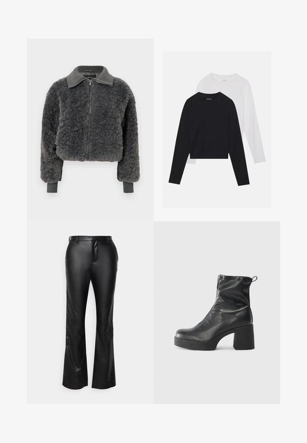 Σκουρό γκρι ψεύτικο πέτρινο σακάκι με φερμουάρ, που διαθέτει ριμπ χελώνες και μανίκια, με μπροστινό φερμουάρ και ελαφρώς κοντή εφαρμογή.; Δύο μακρυμάνικες μπλούζες: μία μαύρη και μία λευκή. Και οι δύο διαθέτουν στρογγυλή λαιμόκοψη, ράγκελαν μανίκια και απαλή σύνθεση από βαμβάκι.; Μαύρο ψεύτικο δερμάτινο φούτερ παντελόνι με ομαλή υφή, διαθέτοντας φερμουάρ μπροστά, θηλιές ζώνης και μπροστινές τσέπες.; Μαύρες μποτές μέχρι τον αστράγαλο από λείο δέρμα, με πλευρικό φερμουάρ, χοντρό υφασμάτινο τακούνι και στρογγυλή μύτη.