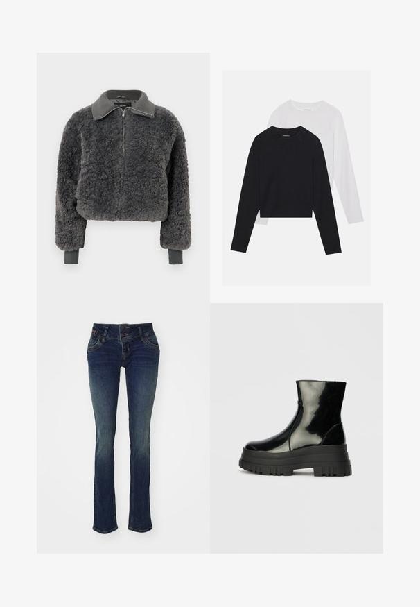 Tamno siva lažna ovčija kožna jakna na patentni zatvarač s rebrastim ovratnikom i manžetama, koja ima prednji patentni zatvarač i blago skraćeni kroj.; Dvije majice dugih rukava: jedna crna i jedna bijela. Obje imaju okrugli izrez, raglan rukave i mekani pamuk korišten za izradu.; Tamno plave traperice uskog kroja, s dvostrukim gumbom u struku, pet džepova i blago izblijedjelom teksturom na bedrima.; Crna sjajna čizma do ankleta s debelim zupčastim potplatom i zaobljenim vrhom, bočni pogled na jednostavnoj svijetlosivoj pozadini.