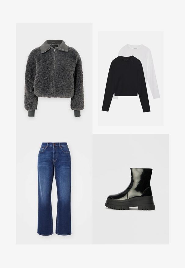 Tamsiai pilkas dirbtinio kailio zip-up džemperis su nertos apykaklės ir rankogalių detalėmis, su priekiniais užtrauktukais ir šiek tiek sutrumpintu kirpimu.; Du dušo ilgomis rankovėmis marškiniai: vieni juodi, kiti balti. Abu marškiniai turi apvalų iškirpimą, raglan tipo rankoves ir minkštą medvilnės mišinio audinį.; Tamsiai mėlynos džinsinės kelnės su plačia kojų iškirpimu, aukštu liemeniu, priekinėmis kišenėmis ir mygtukų užsegimu. Yra lengvas spalvos blukimas ir kontrastingi siūlai.; Juodas blizgus kulkšninis botas su storu iškilniu padu ir apvaliu pirštu, šoninis vaizdas ant vientiso šviesiai pilko fono.