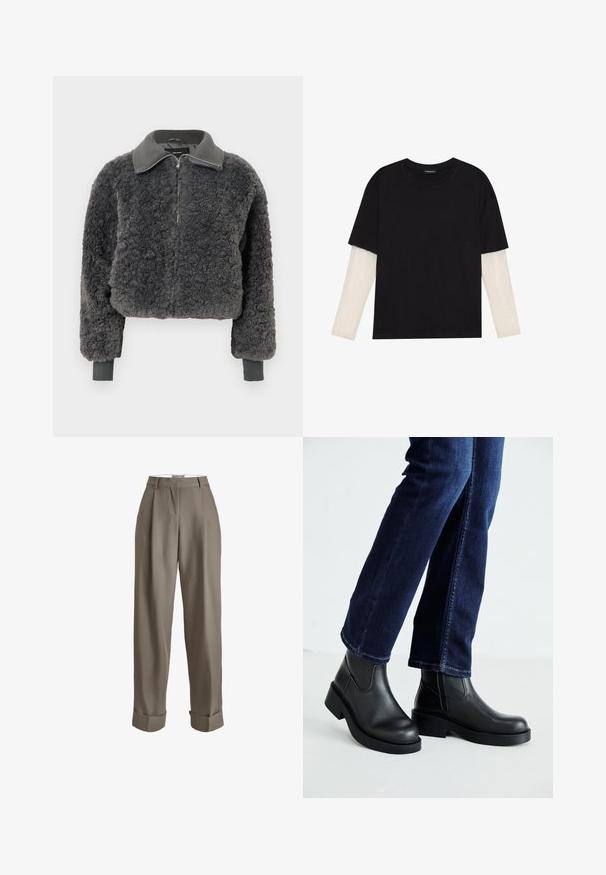 Mørk grå faux shearling zip-up jakke med ribbestrikket krage og mansjetter, med frontglidelås og en lett cropped passform.; Svart T-skjorte laget av bomull, med korte ermer over et hvitt langermet lag med en subtil teksturert mønster. Rund hals design.; Taue høyhalsede bukser med vide ben, pleats, oppbrettede avslutninger, og en glatt tekstur. Ingen synlige lukkinger.; Sorte lær ankelsko med en kraftig såle og elastiske paneler på siden, kombinert med mørkeblå jeans. Underlaget er lyst.