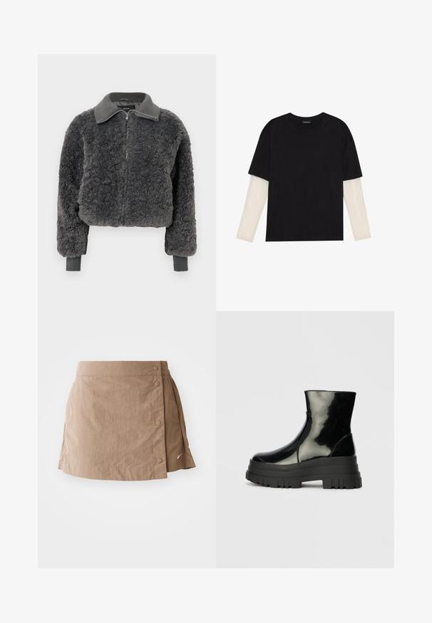 Temno siva umetna ovčja bunda z zadrgo in rebrastim ovratnikom ter manšetami, ki ima sprednjo zadrgo in nekoliko skrajšan kroj.; Črna majica iz bombaža s kratkimi rokavi, ki pokriva belo dolgi rokav z subtilnim teksturiranim vzorcem. Oblika izrezanega vratu.; Svetlosrni krilo z gladko teksturo, ki ima ovito zasnovo, gumbe na strani in majhno logotip ob robu.; Črne sijajne gležnjarje z debelim profilom podplata in zaobljenim nosom, stranski pogled na enostavni svetlo sivi ozadju.