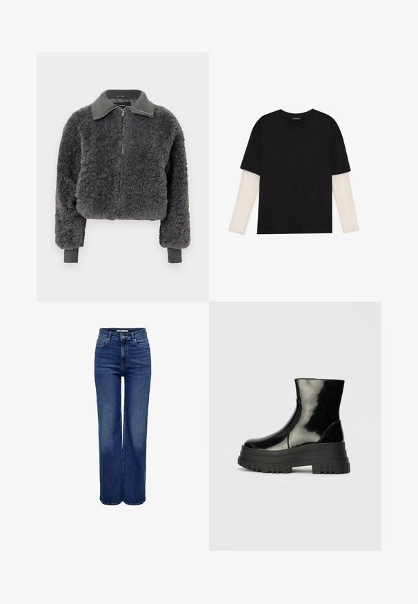 Tamno siva lažna ovčija kožna jakna na patentni zatvarač s rebrastim ovratnikom i manžetama, koja ima prednji patentni zatvarač i blago skraćeni kroj.; Crni majica od pamuka, s kratkim rukavima preko bijele dugorukave slojevite s suptilnim teksturiranim uzorkom. Dizajn s okruglim izrezom.; Traperice širokih nogavica s visokim strukom u tamnoplavom denimu, s kopčanjem na gumbe, pet džepova i detaljima kontrastnog šivanja.; Crna sjajna čizma do ankleta s debelim zupčastim potplatom i zaobljenim vrhom, bočni pogled na jednostavnoj svijetlosivoj pozadini.