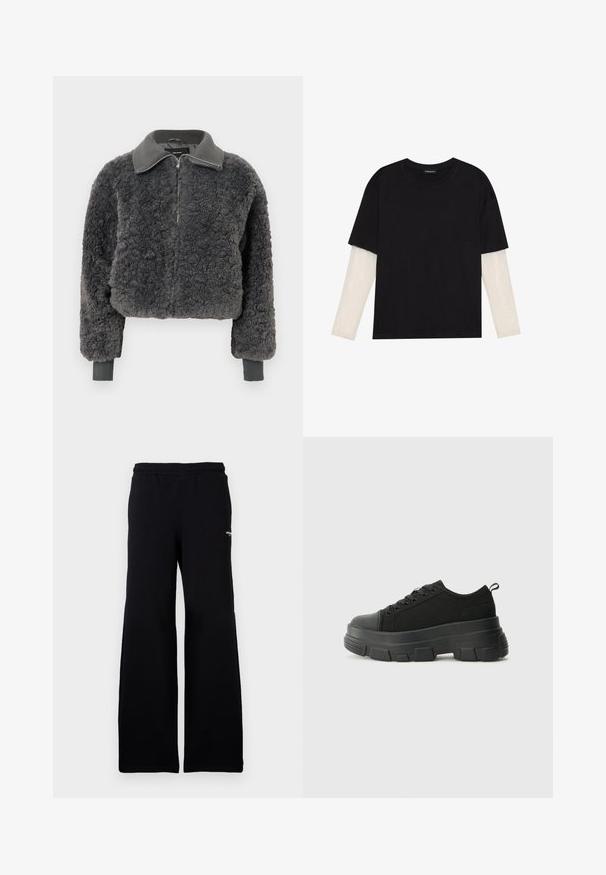 Dark gray faux shearling zip-up jacket with ribbed collar and cuffs, featuring a front zipper and a slightly cropped fit.; Black T-shirt made of cotton, featuring short sleeves over a white long-sleeve layer with a subtle textured pattern. Crew neckline design.; Black sweatpants with an elastic waistband, featuring a relaxed fit and a small white logo on the left leg. Made from soft fabric.; Black sneakers with a chunky rubber sole, textured fabric upper, round toe, and lace-up design. Features reinforced eyelets and back pull tab.