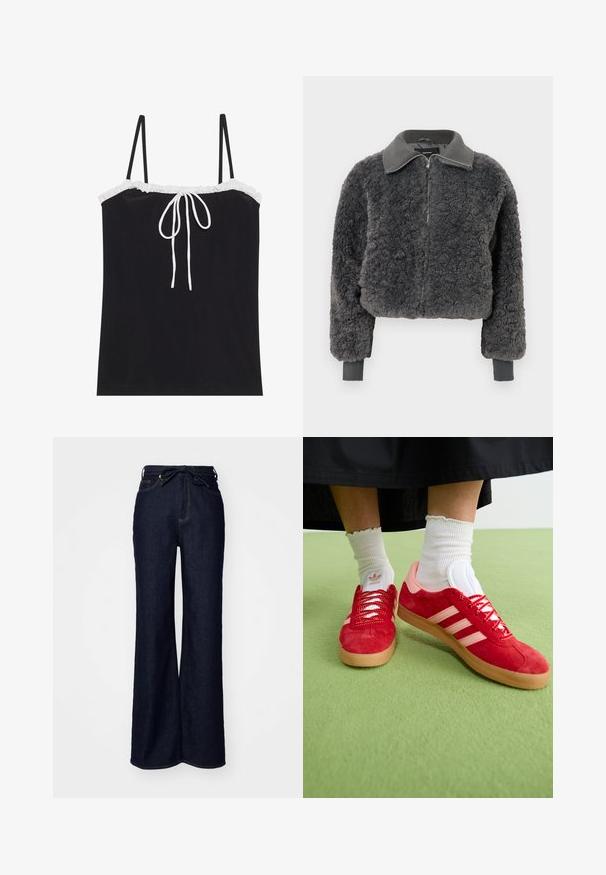 Chaqueta de felpa sintética gris oscuro con cierre de cremallera, cuello y puños acanalados, que presenta una cremallera frontal y un corte ligeramente cropped.; Top de tirantes finos ajustables en color negro, con un cuello arrugado blanco y un detalle de lazo en el centro. Textura suave, diseño simple.; Vaqueros de tiro alto de denim de color azul oscuro y pernera ancha, con bolsillos delanteros y cierre de lazo en la cintura.; Zapatillas de ante rojas con acentos rosas, logo blanco de tres franjas y cordones rojos. Usadas con calcetines de tubo blancos en una superficie verde.