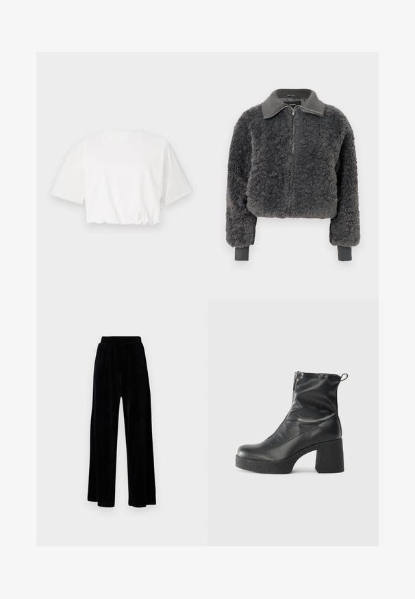 Jachetă elegantă cu fermoar, din faux shearling de culoare gri închis, cu guler și mansete ribbed, având o potrivire ușor scurtă.; Tricou alb scurt, cu mâneci scurte tip puff, decolteu rotund și tiv strâns, realizat dintr-un material de bumbac moale.; Pantaloni negri cu picioare largi, din catifea moale, prevăzuți cu un corset elastic și o textură fină, fără detalii sau modele vizibile.; Bocanci negri de glezna din piele netedă, cu fermoar lateral, toc texturat și masiv, și design cu vârf rotund.