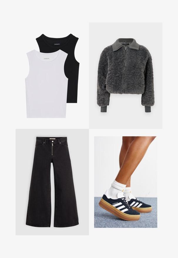 Tumši pelēks mākslīgais vilnas jaku ar rāvējslēdzēju, ribotām apkaklēm un rokām, ar priekšējo rāvējslēdzēju un nedaudz īsāku griezumu.; Divas bez piedurknēm melnbaltā krāsā, izgatavotas no ribotu kokvilnas, ar apaļām kakla izgriezumiem un pieguļošu dizainu. Uz abām ir redzami etiķetes.; Platas kājas džinsi melnā džinsa audumā ar rāvējslēdzēju priekšā, piecu kabatu dizains un smalkas šuvju detaļas. Gluda tekstūra un ikdienišķs stils.; Melnas zamšādas sporta kurpes ar baltām svītrām un akcentiem, apaļa purngala daļa, gumijas zole, kopā ar baltām ribotām sporta zeķēm.