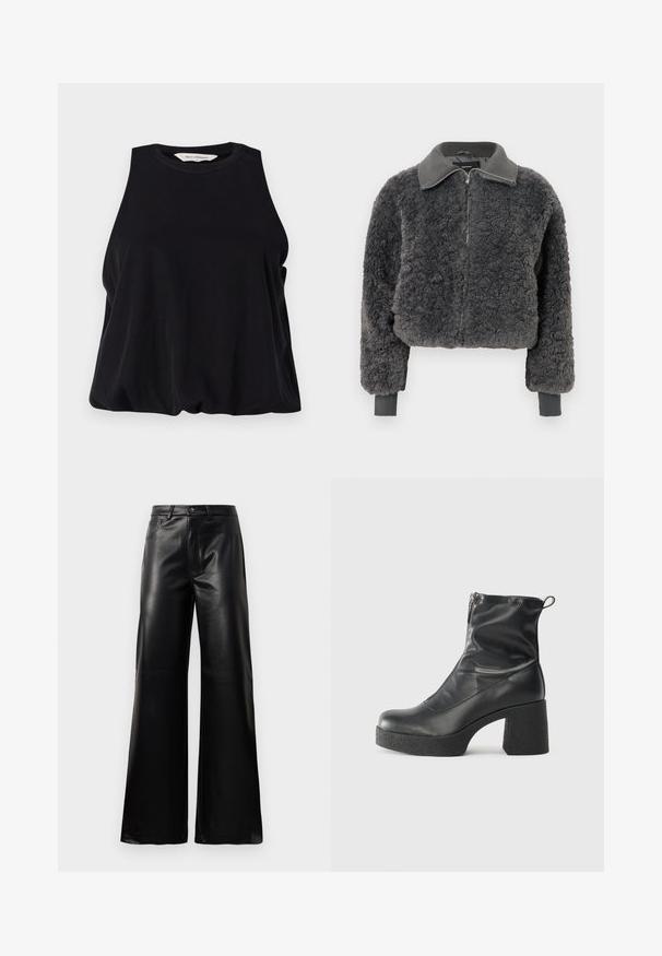 Jachetă elegantă cu fermoar, din faux shearling de culoare gri închis, cu guler și mansete ribbed, având o potrivire ușor scurtă.; Top negru fara maneci, realizat dintr-un material moale, cu un decolteu rotund si o croiala lejera care se aseaza delicat la tiv. Fara modele sau accente vizibile.; Pantaloni negri cu talie înaltă, largi, din piele sintetică, cu nasture frontal, închidere cu fermoar, bucle pentru centură și buzunare laterale pe fundal alb.; Bocanci negri de glezna din piele netedă, cu fermoar lateral, toc texturat și masiv, și design cu vârf rotund.
