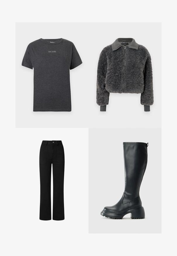 Temno siva umetna ovčja bunda z zadrgo in rebrastim ovratnikom ter manšetami, ki ima sprednjo zadrgo in nekoliko skrajšan kroj.; Temno siva kratka majica z rokavi s tekstom "PEPE JEANS" v majhnih belih črkah, centrirana na prsih, in okroglo ovratnico.; Črne, hlače z visoko pasom in ravnim krojem, izdelane iz gladkega bombažnega blaga. Značilnosti vključujejo sprednje žepe in preprost kovinski gumb za zapiranje.; Visoka črna usnjena škornja s debelim podplatnim solejem in blok peto, opremljena s potegom in strukturiranim profilom na podplatu.