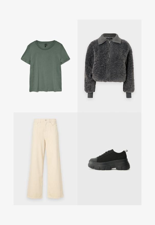 Dark gray faux shearling zip-up jacket with ribbed collar and cuffs, featuring a front zipper and a slightly cropped fit.; Green short-sleeve t-shirt with a round neckline and a soft, smooth texture. Features a relaxed fit and a straight cut at the hem.; Beige wide-leg jeans made of cotton. Features a button closure, belt loops, and front pockets with a smooth, soft texture.; Black sneakers with a chunky rubber sole, textured fabric upper, round toe, and lace-up design. Features reinforced eyelets and back pull tab.