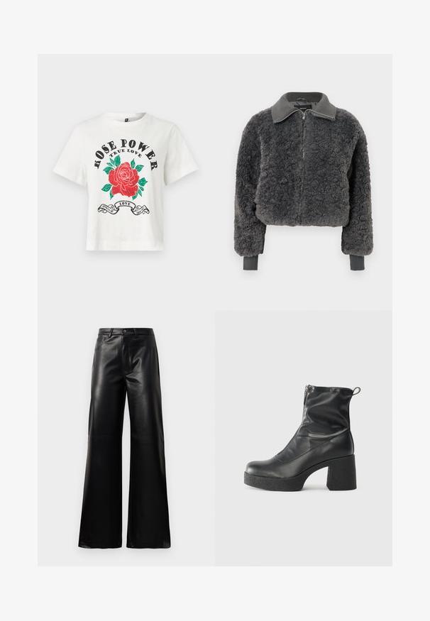 Dark gray faux shearling zip-up jacket with ribbed collar and cuffs, featuring a front zipper and a slightly cropped fit.; White cotton t-shirt featuring short sleeves, round neckline, and a front graphic of a red rose with green leaves and the text "ROSE POWER TRUE LOVE" in black.; Black high-waist wide-leg faux leather pants with front button, zip closure, belt loops, and side pockets on white background.; Black ankle boots made of smooth leather, featuring a side zipper, chunky textured heel, and rounded toe design.