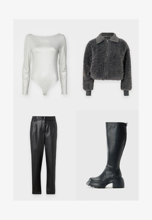 Mörkgrå syntetisk shearling zip-up jacka med ribbad krage och mudd, med en framdragkedja och en något kortad passform.; Silver långärmad bodysuit med båthals, tillverkad av ett glittrande stretchmaterial, med en figurnära siluett och trosliknande nederdel.; Svarta läderbyxor med en slät yta, rak passform, resårliv och knäppning fram; plisserade detaljer och smalnande ben.; Höga svarta läderstövlar med kraftig plattformssula och blockklack, med dragflik och strukturerat mönster på yttersulan.