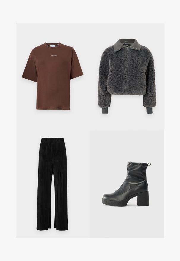 Dark gray faux shearling zip-up jacket with ribbed collar and cuffs, featuring a front zipper and a slightly cropped fit.; Brown cotton t-shirt with a relaxed fit, crew neckline, and short sleeves. Features small "JJXX STUDIO" text on the front.; Black pleated trousers with an elastic waistband. Features wide legs and a smooth, textured fabric with vertical stripes.; Black ankle boots made of smooth leather, featuring a side zipper, chunky textured heel, and rounded toe design.