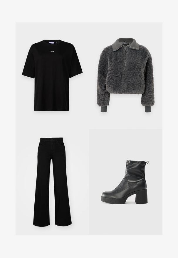 Mørkegrå faux shearling zip-up jakke med ribbede krave og manchetter, der har en frontlynlås og en let cropped pasform.; JJXX JXALVA LOOSE PRINT TEE - T-shirts basic - black; Sorte bukser med bred benvidde lavet af denim, med en struktureret talje, bæltesløjfer og forlommer. Glat tekstur med et klassisk design.; Sorte ankelstøvler lavet af glat læder, med en sidelukning, kraftig struktureret hæl og rundt tådesign.