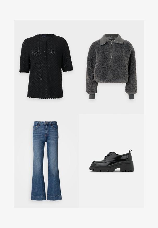 Donkergrijze nepbont zip-up jas met ribbelkraag en manchetten, voorzien van een frontrits en een iets verkorte pasvorm.; Zwarte gebreide top met korte mouwen, een getextureerd ruitpatroon, een geschulpte halslijn en knoopsluiting aan de voorkant. Heeft een relaxte pasvorm.; Uitlopende denim jeans in donkerblauw. Beschikt over vijf zakken, riemlussen en oranje stiksels. Een gladde textuur met een klassiek pasvormontwerp.; Zwarte gepatineerde leren schoenen met een chunky platformzool en dikke veters. Ronde neus, minimale details en een kleine hieltab aan de achterkant.