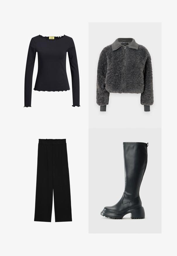 Mørk grå faux shearling zip-up jakke med ribbestrikket krage og mansjetter, med frontglidelås og en lett cropped passform.; Langermet svart topp med volangkant i halsen og på kanten. Laget av myk tekstil, har en figursydd design og minimal merkebranding inni.; Svarte vide bukser med rynket liv, med to sidelommer og et glatt, lett stoff. Ingen synlige mønstre eller metalldeler.; Høy svart lærstøvel med chunky plattformsåle og blokkhelt, med trekkstang og teksturert mønster på yttersålen.