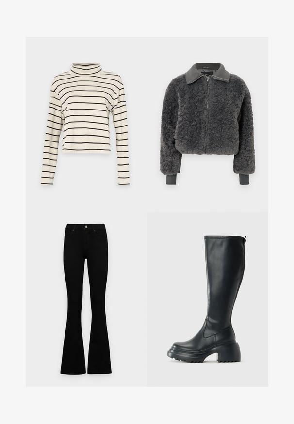 Dark gray faux shearling zip-up jacket with ribbed collar and cuffs, featuring a front zipper and a slightly cropped fit.; Long-sleeve turtleneck top in cream featuring black horizontal stripes; soft fabric, relaxed fit, cropped design, with a smooth texture.; Black high-waist jeans with a button and zip closure, front pockets, and flared legs laid flat on a white background.; Tall black leather boot with chunky platform sole and block heel, featuring pull tab and textured tread on outsole.