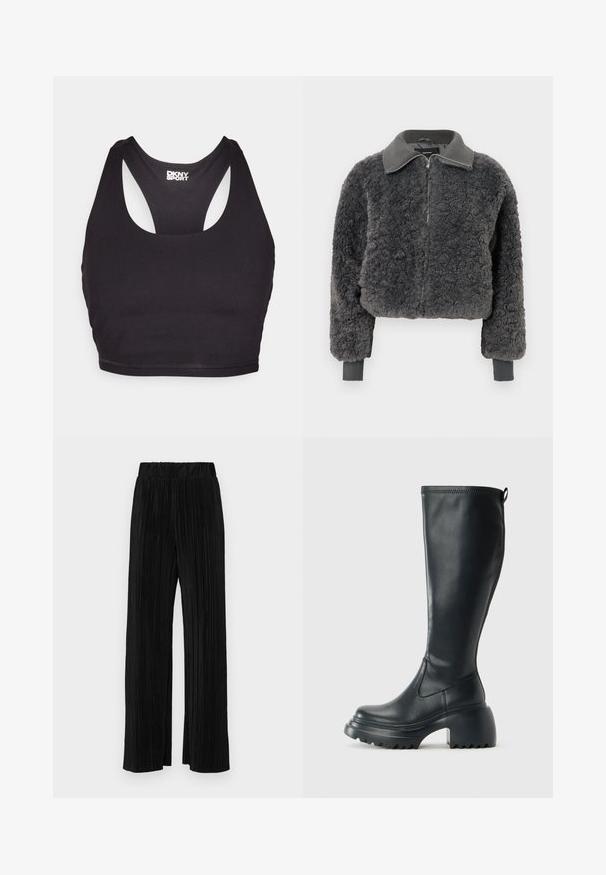 Tmavo šedá umelá kožušinová bunda na zips s rebrovaným golierom a manžetami, s predným zipsom a mierne skráteným strihom.; Čierna športová podprsenka vyrobená z hladkej látky s pretekárskym chrbtom a zaobleným výstrihom, s malým logom na zadnej strane.; Čierne plisované nohavice s elastickým pásom. Majú široké nohavice a hladkú, textúrovanú látku s vertikálnymi pruhmi.; Vysoká čierna kožená čižma s masívnou platformou a blokovým podpätkom, s praktickým pútkom a textúrovaným vzorom na podošve.