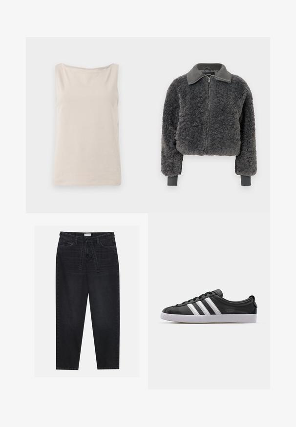Jachetă elegantă cu fermoar, din faux shearling de culoare gri închis, cu guler și mansete ribbed, având o potrivire ușor scurtă.; Top bej fără mâneci, realizat dintr-un material moale, cu o croială lejeră, prezentând un decolteu larg și o textură netedă. Fără modele sau accente vizibile.; Pantaloni din denim negru cu o croială relaxată, având un talie cu șnur și cinci buzunare. Textură netedă cu o ușoară decolorare și cusături în contrast.; Sneaker din piele neagră cu design cu trei dungi albe, vârf rotund, talpă plată din cauciuc alb și detalii de marcă pe lateral.