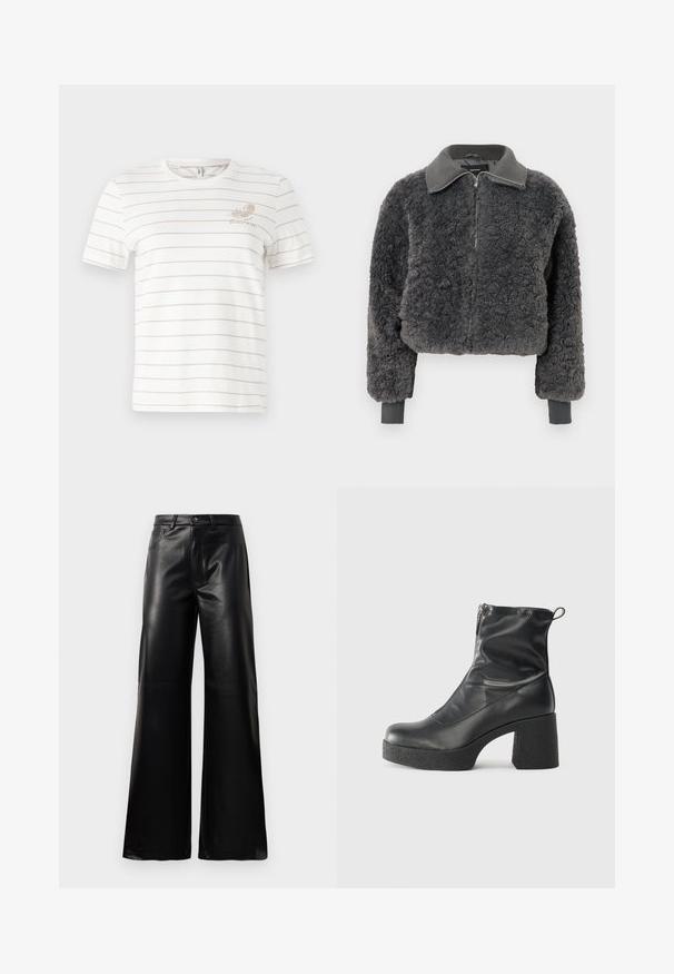 Mørk grå faux shearling zip-up jakke med ribbestrikket krage og mansjetter, med frontglidelås og en lett cropped passform.; Hvit bomull t-skjorte med tynne beige horisontale striper, rund hals, korte ermer og et lite trykket design på venstre bryst.; Sorte høy midje vide ben bukser i imitert skinn med knapp foran, glidelås, beltehemper og sidelommer på hvit bakgrunn.; Svarte ankelstøvler laget av glatt lær, med glidelås på siden, chunky strukturert hæl, og rund tå-design.