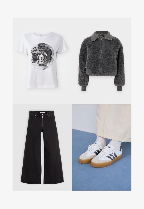 Mørk grå faux shearling zip-up jakke med ribbestrikket krage og mansjetter, med frontglidelås og en lett cropped passform.; Noisy May NMNATE DISCO - T-shirts med print - bright white; Vide benbukser i sort denim med glidelås i front, fem-lomme design og subtile sømdetaljer. Glatt tekstur og avslappet stil.; Hvite sneakers med svarte striper og beige semsket skinn-detaljer. Har en teksturert gummisåle og flate hvite snører, brukt med lyse sokker.