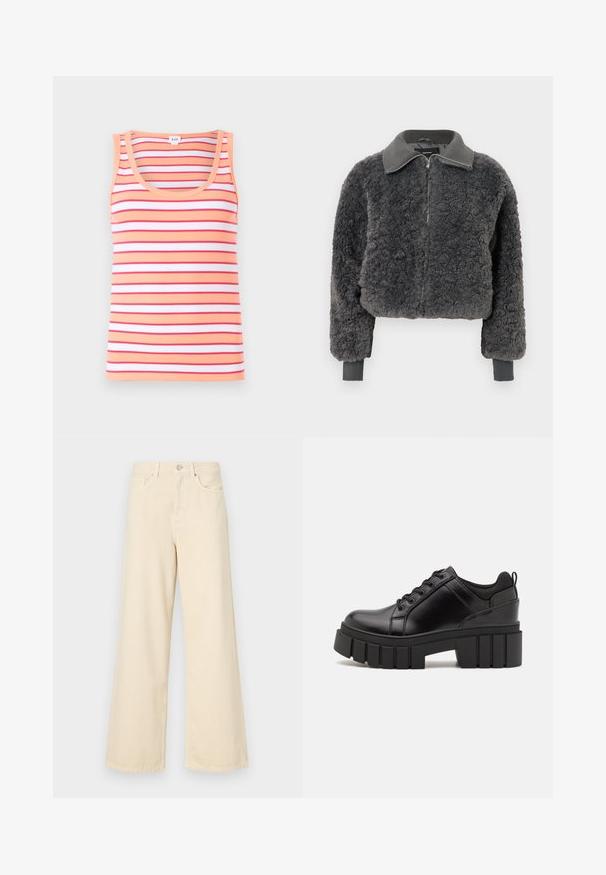 Jachetă elegantă cu fermoar, din faux shearling de culoare gri închis, cu guler și mansete ribbed, având o potrivire ușor scurtă.; Tricou fără mâneci cu dungi orizontale în nuanțe de piersică, roșu și alb. Fabricat din material cu rigle, cu decolteu rotund.; Blugi bej cu croi larg, din bumbac. Au închidere cu nasture, bucle pentru curea și buzunare frontale, cu o textură netedă și moale.; Pantofi cu talpă plată din piele neagră, cu toc gros, vârf rotund și design tradițional cu șireturi. Prezintă o textură netedă și detalii minime.