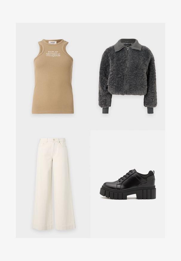 Tamsiai pilkas dirbtinio kailio zip-up džemperis su nertos apykaklės ir rankogalių detalėmis, su priekiniais užtrauktukais ir šiek tiek sutrumpintu kirpimu.; Šviesiai rudas, raukšlėtas tankas su apvalia iškirpte ir plačiomis petnešėlėmis. Priekyje puikuojasi balta siuvinėta "REPLAY MonteCarlo Country Club" užrašas.; Plati, šviesiai kreminės džinsinės kelnės su aukštu juosmeniu, dviem priekinėmis kišenėmis, mygtuko užtrauktuku ir subtilių siūlių detalėmis.; Juodi odiniai platformos batai su masyviu blokuota kulniuku, apvalia nosimi ir tradiciniu šnypštimo dizainu. Turintys glotnų paviršių ir minimalų dekoravimą.