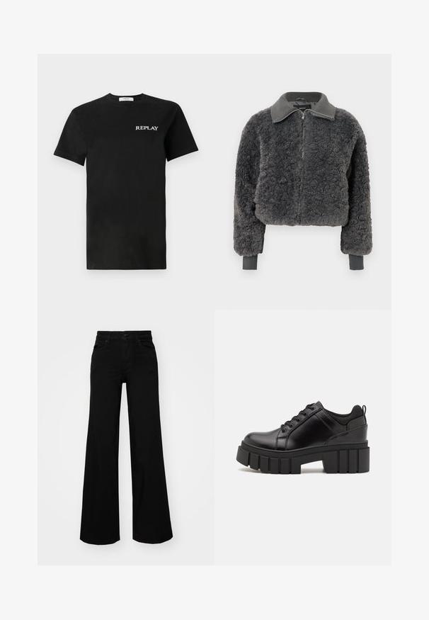 Mørk grå faux shearling zip-up jakke med ribbestrikket krage og mansjetter, med frontglidelås og en lett cropped passform.; Svart bomull t-skjorte med kortermet, med en hvit "REPLAY" logo på venstre bryst. Klassisk rund hals design.; Svart vide bukser laget av denim, med en strukturert midjebånd, beltestropper og frontlommer. Glatt tekstur med et klassisk design.; Svarte lærplattformsko med kraftig blokkhell, rund tå og tradisjonell snøring. Har en jevn tekstur og minimal detaljering.