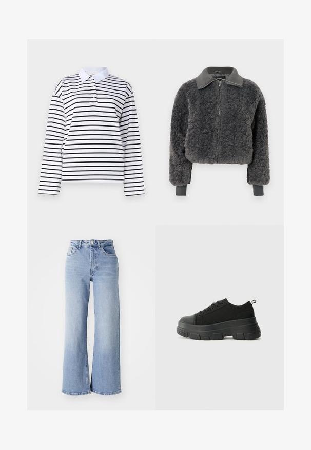 Giacca zip-up in finta pelliccia shearling di colore grigio scuro, con colletto e polsini a costine, dotata di una cerniera frontale e una vestibilità leggermente cropped.; Polo a maniche lunghe bianca con righe orizzontali nere, colletto classico e patta con due bottoni. Materiale in cotone liscio.; Jeans azzurri chiari a vita alta e gamba larga, con tasche anteriori e posteriori, chiusura con bottone e leggera scoloritura sulle cosce e sui orli.; Sneaker nere con suola in gomma spessa, superiore in tessuto testurizzato, punta rotonda e design con lacci. Presenta occhielli rinforzati e linguetta sul retro.