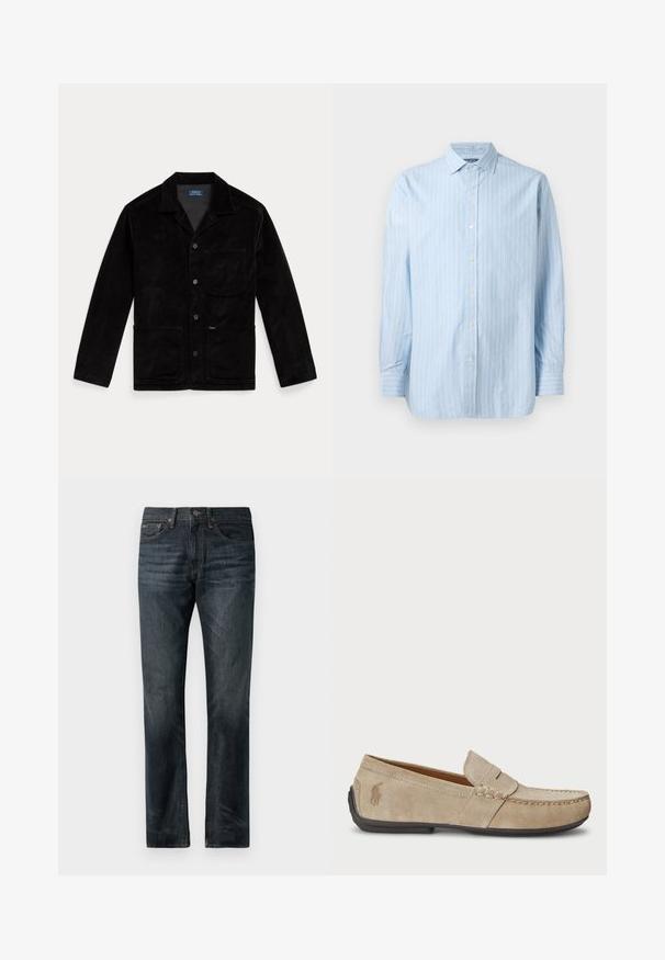 Casaco de cabelo de corduroy preto com colarinho pontiagudo, botões frontais, um bolso no peito e dois bolsos inferiores. Textura suave e design clássico.; Camisa de manga longa azul-claro com riscas verticais brancas, colarinho type button-down, e botões à frente. Tecido de algodão texturizado.; Jeans de ganga azul-escuro com corte reto, apresentando um design clássico de cinco bolsos e detalhes em costura de cobre.; Mocassins de camurça beiges com um detalhe costurado, sola de borracha plana e um pequeno logotipo de lado. Design clássico de calçar, textura suave.