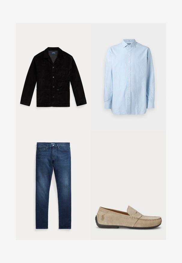 Crna kordura jakna s šiljastim ovratnikom, prednjim dugmadi, džepom na prsima i dva donja džepa. Glatka textura i klasičan dizajn.; Svjetloplava košulja dugih rukava s bijelim vertikalnim prugama, s pripijenim ovratnikom i dugmadi na prednjoj strani. Teksturirana pamučna tkanina.; Tamnoplave traperice ravnog kroja s pet džepova, zatvaranjem na kopču i blagim izblijedjenjem u predjelu bedara.; Bež suknjeni mokasini s prošivom, ravnim gumiranim potplatom i malim logotipom sa strane. Klasičan dizajn za jednostavno obuvanje, mekana textura.