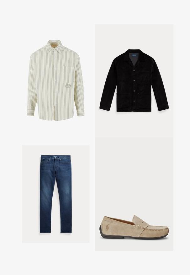 Giacca di velluto a costine nera con colletto a punta, bottoni frontali, taschino sul petto e due tasche inferiori. Texture liscia e design classico.; Camicia a righe verde chiaro e bianco con bottoni frontali, taschino sul petto e logo ricamato sul lato sinistro. Materiale in cotone, maniche lunghe.; T-shirt in cotone bordeaux con maniche corte, collo a giro e logo ricamato bianco sul lato sinistro del petto. Tessuto liscio e vestibilità classica.; Jeans in denim blu scuro con taglio dritto, dotati di vita standard, cinque tasche e una trama liscia. Nessun motivo visibile.; Mocassini in suede beige con dettaglio cucito, suola piatta in gomma e piccolo logo sul lato. Design classico slip-on, texture morbida.