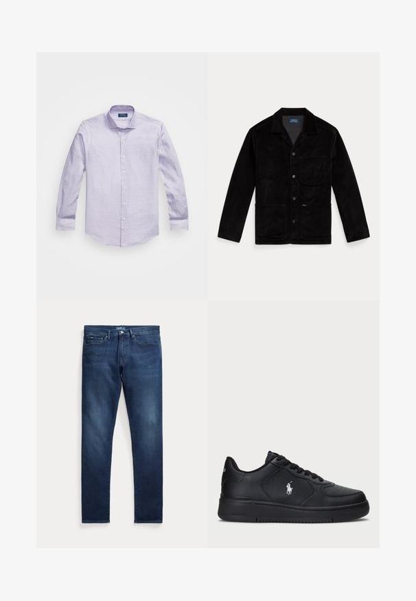 Svart kordfløyelsjakke med spiss krage, knappelukking foran, brystlomme og to nedre lommer. Glatt tekstur og klassisk design.; Lyse lilla langermet skjorte med et subtilt mønster, krage med knapper, og hvite knapper langs knappestolpen. Myk stoffkvalitet.; Mørkeblå denimjeans med rette ben, som har fem lommer, knappelukking, og subtil falming nær lårene.; Sorte lær sneakers med perforert design, flat snøring og en hvit brodert logo på siden. Tykk svart gummisåle.