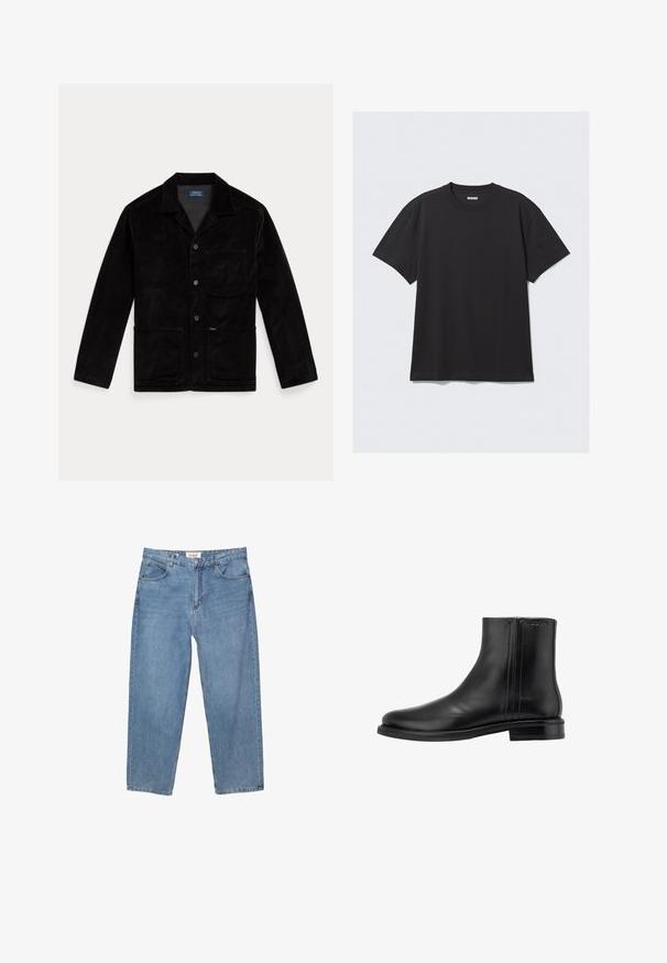 Giacca di velluto a costine nera con colletto a punta, bottoni frontali, taschino sul petto e due tasche inferiori. Texture liscia e design classico.; T-shirt nero a maniche corte in cotone. Presenta un collo a giro e una vestibilità comoda. Design semplice senza motivi o dettagli visibili.; Jeans in denim blu chiaro con taglio dritto, design a cinque tasche e etichetta del marchio visibile in vita.; Stivale nero in pelle alla caviglia con finitura liscia, punta arrotondata, tacco basso, inserti elastici laterali e logo impresso sul retro.
