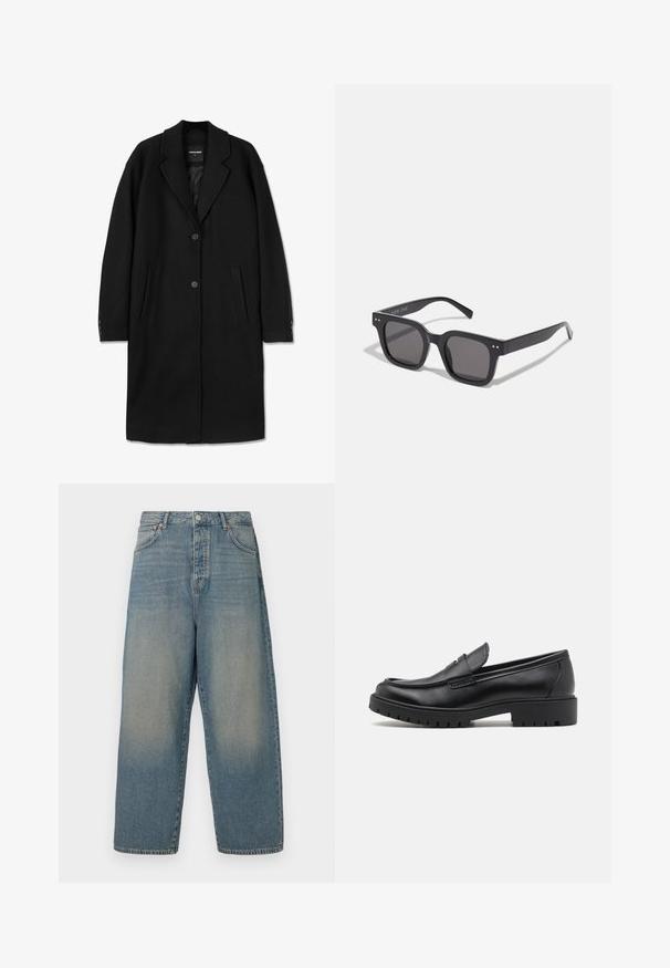 Black wool overcoat with a notched collar, single-breasted design, two front pockets, and buttoned cuffs. Smooth texture and tailored fit.; Black sweater, round neckline, long sleeves, ribbed cuffs and hem, soft texture, solid color, minimalistic design.; Light blue denim wide-leg jeans with a high waist, four pockets, and contrasting stitching. Smooth texture with a faded finish.; Black leather loafers with a rounded toe, slip-on design, and thick rubber sole featuring a textured grip. Elevated heel and subtle stitching details.; Black rectangular sunglasses with dark lenses, featuring a thick frame, subtle accents on the sides, and no visible logos beyond the brand name.; Black tote bag made from durable fabric, featuring two long handles, adjustable straps, and a front pocket. Textured surface with minimal branding.; Three silver chain bracelets with varying weaves and textures, featuring clasp closures and adjustable chains for fit.