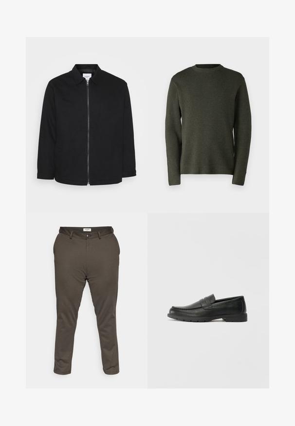Jachetă din bumbac negru cu fermoar în față, guler, buzunare laterale și mâneci lungi. Design simplu cu o textură netedă.; Pulover de culoare verde închis, fabricat dintr-un material tricotat moale. Guler rotund, mâneci lungi și o croială lejeră cu o textură fină.; Jack & Jones JPSTMARCO JJCOOPER - Pantaloni chino - wren; Labeled cu oglindă din piele neagră cu un finisaj neted, partea superioară în stil mocasin, detalii cusute și o talpă din cauciuc. Design clasic cu un toc jos.