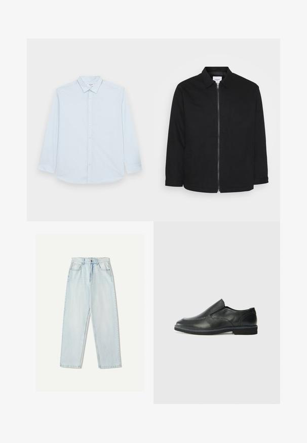 Črna bombažna jakna z zadrgo spredaj, ovratnikom, stranskimi žepe in dolgimi rokavi. Preprost dizajn z gladko teksturo.; Jack & Jones JJJOE PLAIN NOOS - Srajca - cashmere blue; Svjetloplave traperice s ležernim krojem, ravnim nogavicama, dizajnom s pet džepova i suptilnim izblijedjenjem na tkanini.; Črne usnjene natikače z gladkim zgornjim delom, prišitimi detajli, zaobljenim nosom in nizkim gumijastim petkom. Podplat ima minimalen profil.