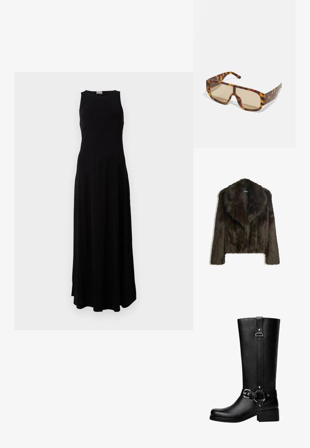 Brun faux fur jakke med sjalskrave og cropped design. Har en blød, tekstureret overflade og er fuldt foret.; Sort ærmeløs maxikjole lavet af blødt stof, med afslappet pasform, rund halsudskæring og flydende nederdel for let bevægelse.; Høje sorte faux læder støvler med rund tå, accentbælte-spænde detaljer og en kraftig hæl. Glat tekstur og lodret søm på skaftet.; Solbriller med en kraftig, skildpadde-mønstret ramme i nuancer af brun og orange, udstyret med store, brune linser og et elegant design.