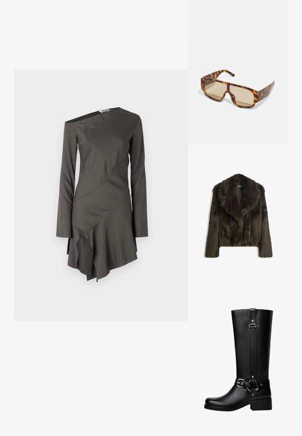 Ruskean tekoturkista valmistettu takki, jossa on kauluspanta ja lyhyt muotoilu. Ominaisuuksiin kuuluu pehmeä, tekstuuriltansa mielenkiintoinen pinta, ja se on täysin vuorattu.; Mekko, jossa on epäsymmetrinen pitkä hiha tummanharmaana, valmistettu sileästä kankaasta. Ominaisuuksiin kuuluvat vinot saumat ja liehukanta, jossa on röyhelöreuna.; Pitkät mustat keinonahkabootsit, joissa on pyöreä kärki, vyösolkiyksityiskohta ja iso korko. Suora pinta ja pystysauma varressa.; Aurinkolasit, joissa on paksu, kilpikonnakuosiset kehykset ruskeissa ja oransseissa sävyissä, isoilla ruskeasävyisillä linsseillä ja tyylikkäällä muotoilulla.
