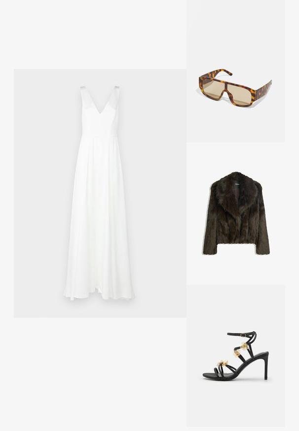 Braune Kunstpelzjacke mit Schalkragen und kurzem Schnitt. Sie hat eine weiche, strukturierte Oberfläche und ist vollständig gefüttert.; Weißes, bodenlanges Kleid mit V-Ausschnitt und breiten Trägern. Hergestellt aus leichtem Stoff, mit einem fließenden Rock und minimalistischen Design.; Schwarze, riemchen Sandalen mit hohen Absätzen, zarten goldenen Blumenakzenten und glatter Textur; verfügt über einen Schnallenverschluss am Knöchelriemen.; Sonnenbrille mit einem klobigen, schildpattmuster Rahmen in Braun- und Orangetönen, ausgestattet mit großen, braun getönten Gläsern und einem eleganten Design.; Punktmuster-Schal aus weißer Seide, mit kleinen schwarzen Punkten und einem gesteppten Rand. Enthält ein Markenetikett in der unteren Ecke.