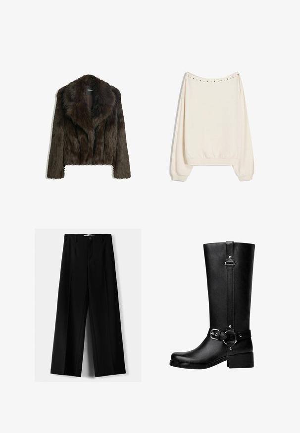 Rjav plašč iz umetnega krzna z ovratnikom v obliki šal in skrajšano obliko. Ima mehak, teksturiran surface in je popolnoma podložen.; Krema barve majica s prostim krojem, rebrastimi manšetami in okroglo ovratnikom. Ponuja dekorativne kovinske špice vzdolž ramenskega šiva.; Črne široke hlače iz lahkega materiala, z zapiranjem na gumb spredaj in ravnim sprednjim delom, s skrbno zašiti robovi.; Visoke črne škornje iz umetnega usnja z zaobljenim nosom, poudarjenim detajlom pasovine in debelim peto. Gladka tekstura in vertikalni šiv na šktrbici.