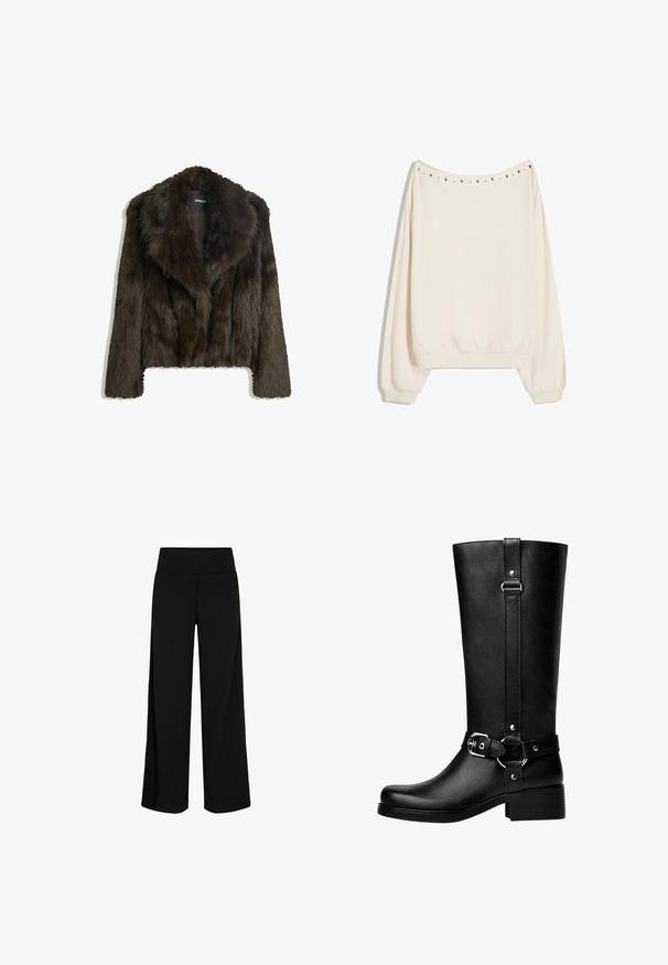 Veste en fausse fourrure marron avec un col châle et une coupe courte. Elle présente une surface douce et texturée et est entièrement doublée.; Sweatshirt crème avec une coupe décontractée, des poignets côtelés et un col arrondi. Présente des clous en métal décoratifs le long de la couture de l'épaule.; Pantalons larges noirs avec une taille douce et extensible. Tissu lisse, design à longueur complète, sans fermetures ni motifs visibles.; Bottes noires en cuir synthétique, avec un bout rond, des détails de boucle de ceinture accentués et un talon épais. Texture lisse et couture verticale sur la tige.