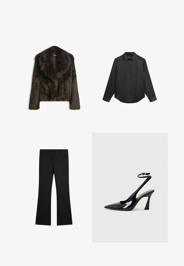 Hnědá umělá kožešinová bunda s šálovým límcem a zkráceným střihem. Má jemný, texturovaný povrch a je plně podšita.; Černá košile s dlouhými rukávy, límečkem, zapínáním na knoflíky, hladkou tkaninou a mírně zaobleným spodním lemem. Bez viditelných vzorů nebo doplňků.; Černé rozšířené kalhoty vyrobené z hladké tkaniny, s předními kapsami a přizpůsobeným střihem s nažehlenými záhyby pro elegantní vzhled.; Černé lakované kožené lodičky na pásku s špičatou špičkou, nastavitelným páskem kolem kotníku a mírným blokovým podpatkem. Hladký povrch s lesklým finišem.