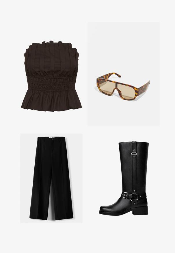 Brun faux fur jakke med sjalskrave og cropped design. Har en blød, tekstureret overflade og er fuldt foret.; Gestuz PAULINE - Top - dark brown; Sorte brede bukser lavet af letvægtsstof, med frontknaplukning og glat front, samt pænt syede kanter.; Høje sorte faux læder støvler med rund tå, accentbælte-spænde detaljer og en kraftig hæl. Glat tekstur og lodret søm på skaftet.; Solbriller med en kraftig, skildpadde-mønstret ramme i nuancer af brun og orange, udstyret med store, brune linser og et elegant design.