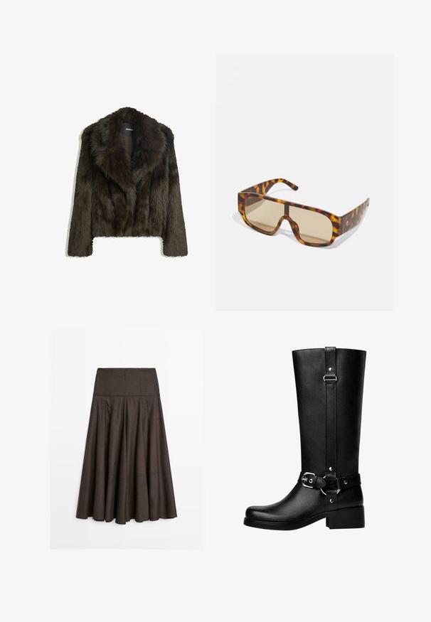Brown faux fur jacket with a shawl collar and a cropped design. Features a soft, textured surface and is fully lined.; Long-sleeve shirt in dark brown cotton with a round neckline and a simple, smooth texture. No graphics or embellishments present.; Brown flared skirt made of soft fabric. Features a fitted waistband, pleated design, and a smooth, flowing texture. Hemline reaches mid-calf.; Tall black faux leather boots with a rounded toe, accent belt buckle detail, and a chunky heel. Smooth texture and vertical seam on the shaft.; Sunglasses with a chunky, tortoiseshell-pattern frame in shades of brown and orange, featuring large, brown-tinted lenses and a sleek design.