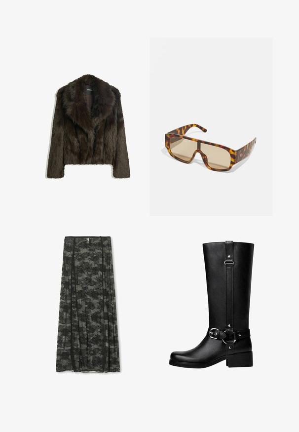 Brązowa kurtka z sztucznego futra z kołnierzem typu szal i skróconym fasonem. Posiada miękką, teksturowaną powierzchnię i jest w pełni podszewkowana.; Długie rękawy w ciemnobrązowej bawełnie z okrągłym dekoltem i prostą, gładką fakturą. Brak grafik lub ozdobników.; Czarna maxi spódnica z koronką, ozdobiona kwiatowym wzorem, o przezroczystej strukturze i warstwowym kroju, z elastycznym pasem dla komfortu.; Wysokie czarne buty z faux skóry, z okrągłym noskiem, detalem klamry na pasku oraz grubym obcasem. Gładka tekstura i pionowa szew na cholewie.; Okulary przeciwsłoneczne z masywną, tortoise-shell wzorem w odcieniach brązu i pomarańczy, z dużymi, brązowymi soczewkami i eleganckim designem.