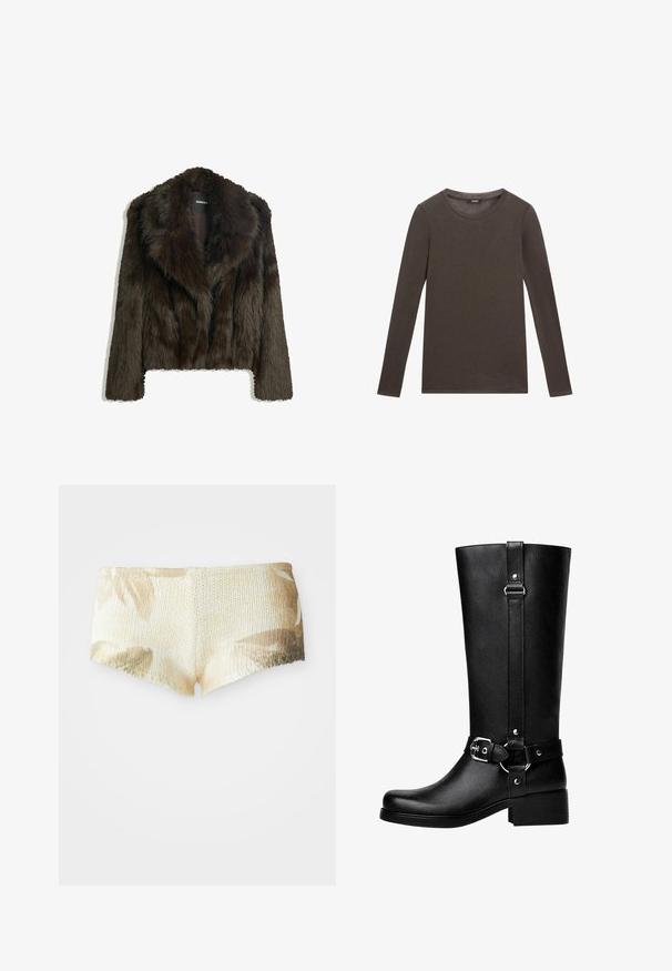 Brun faux fur jakke med sjalskrave og cropped design. Har en blød, tekstureret overflade og er fuldt foret.; Langærmet skjorte i mørkebrun bomuld med rund halsudskæring og en simpel, glat tekstur. Ingen grafik eller udsmykninger.; Strikkede shorts i lys beige med et blomstermønster. Har en tekstureret overflade og en bølget kant. Blødt og let stof.; Høje sorte faux læder støvler med rund tå, accentbælte-spænde detaljer og en kraftig hæl. Glat tekstur og lodret søm på skaftet.