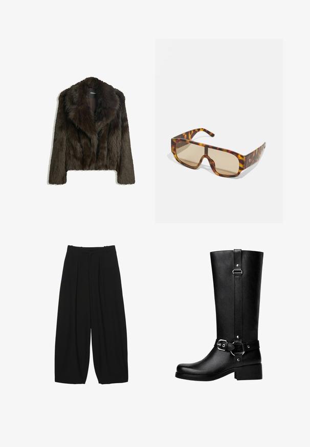 Brown faux fur jacket with a shawl collar and a cropped design. Features a soft, textured surface and is fully lined.; Long-sleeve shirt in dark brown cotton with a round neckline and a simple, smooth texture. No graphics or embellishments present.; Black wide-leg trousers made of smooth fabric, featuring front pleats and a fitted waistband. The shape is loose with a relaxed drape.; Tall black faux leather boots with a rounded toe, accent belt buckle detail, and a chunky heel. Smooth texture and vertical seam on the shaft.; Sunglasses with a chunky, tortoiseshell-pattern frame in shades of brown and orange, featuring large, brown-tinted lenses and a sleek design.