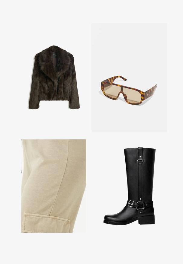 Brązowa kurtka z sztucznego futra z kołnierzem typu szal i skróconym fasonem. Posiada miękką, teksturowaną powierzchnię i jest w pełni podszewkowana.; Długie rękawy w ciemnobrązowej bawełnie z okrągłym dekoltem i prostą, gładką fakturą. Brak grafik lub ozdobników.; Rip Curl - Bojówki; Wysokie czarne buty z faux skóry, z okrągłym noskiem, detalem klamry na pasku oraz grubym obcasem. Gładka tekstura i pionowa szew na cholewie.; Okulary przeciwsłoneczne z masywną, tortoise-shell wzorem w odcieniach brązu i pomarańczy, z dużymi, brązowymi soczewkami i eleganckim designem.